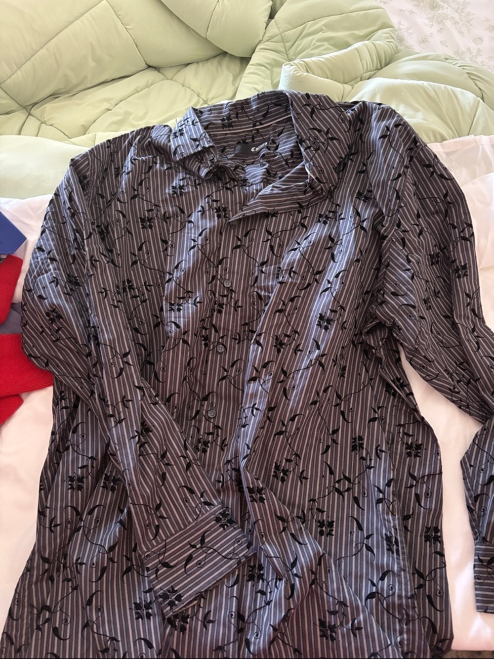 Men's Black and Gray Striped Floral Dress Shirt